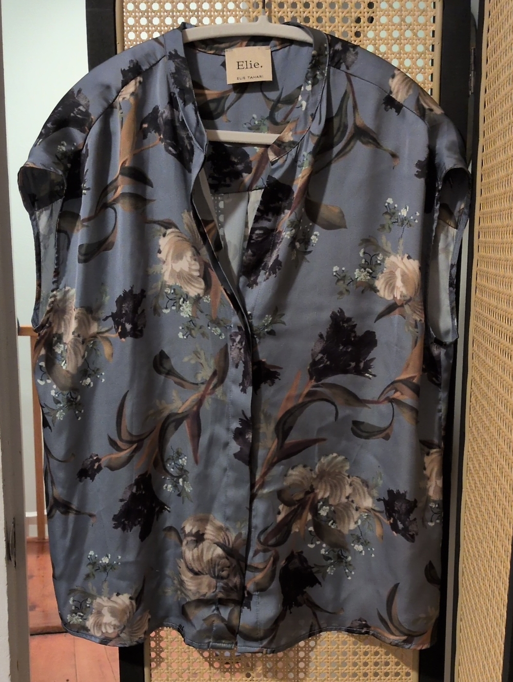Floral Satin Sleeveless Blouse in Dusty Blue